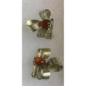 Vtg Earrings Coro Clips Ribbons Bows Amber Rhinestone